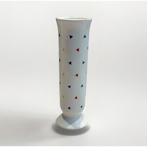 VTG 80s Ceramic Bud Vase White Primary Colors Triangle Confetti Decor 6.5"